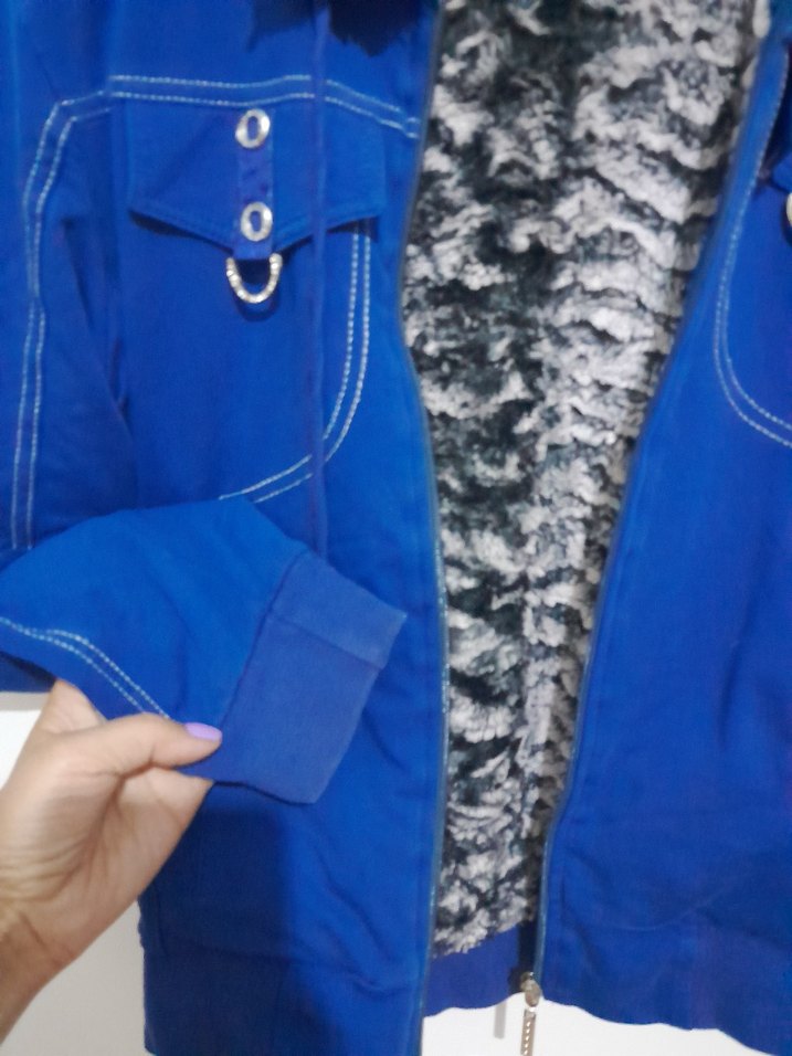 Kadın Mavi Kapüşonlu Kürklü Ceket S - Görsel 4