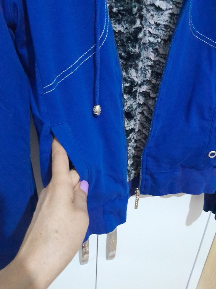 Kadın Mavi Kapüşonlu Kürklü Ceket S - Görsel 3