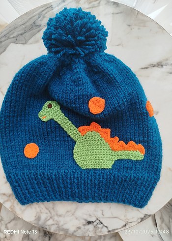 Nakışlı Örme Çocuk Bere - Kahverengi Sarı - Görsel 5