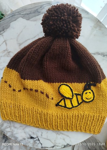 Nakışlı Örme Çocuk Bere - Kahverengi Sarı - Görsel 2