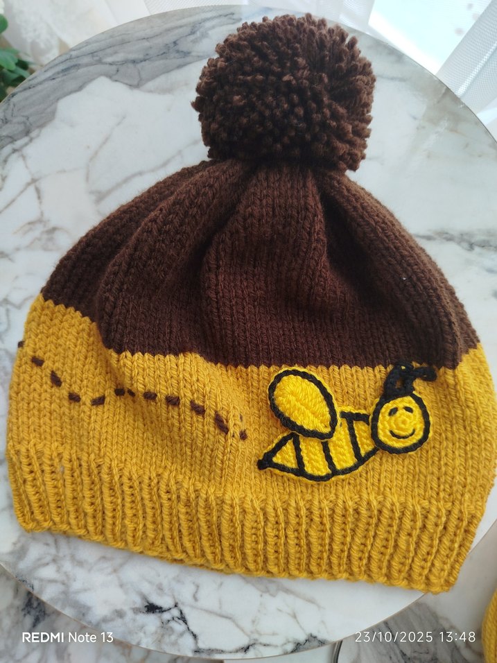 Nakışlı Örme Çocuk Bere - Kahverengi Sarı - Görsel 2