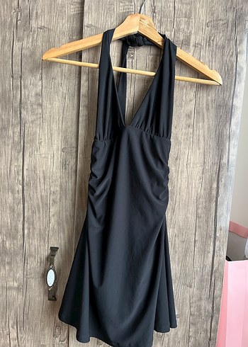 Siyah Mini V Yaka Elbise - Görsel 2