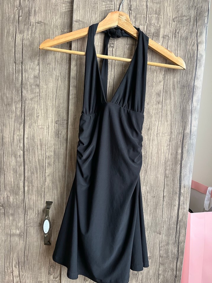 Siyah Mini  V Yaka Elbise - Görsel 2