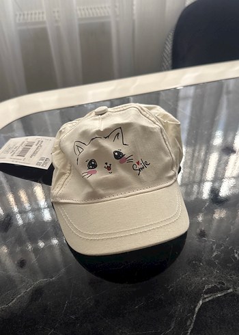 Bej Pamuklu Çocuk Şapkası Kedi Baskılı