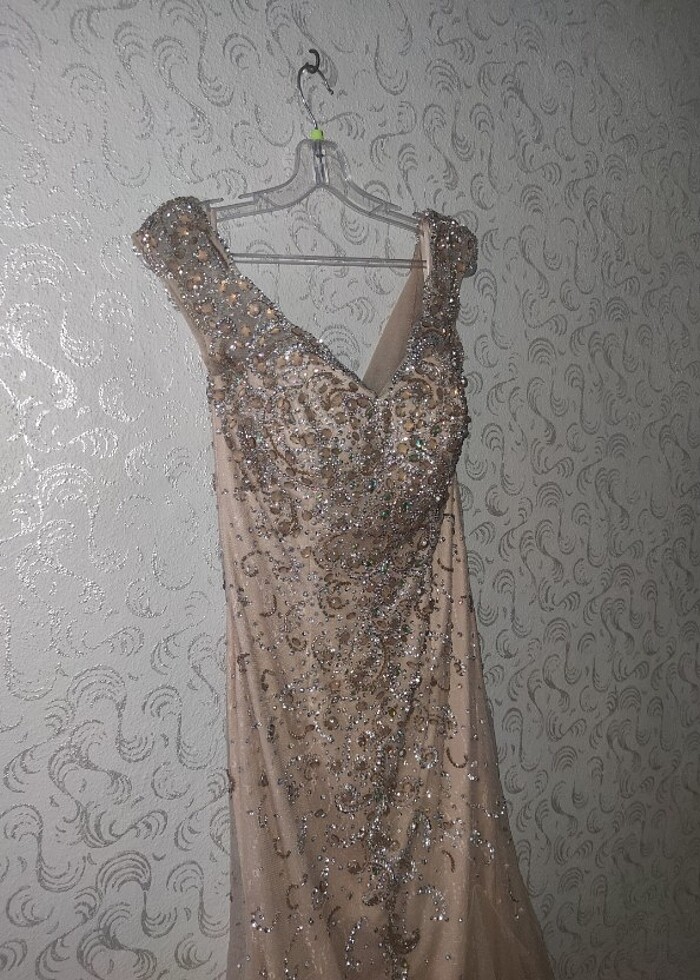 VİZON RENKLİ ABİYE 42 BEDEN BİR KEZ GİYİLDİ BALIK MODEL TAŞ DETA - Görsel 3