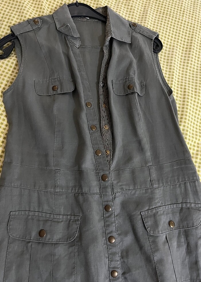 KETEN SIFIR KOL GRİ MİDİ BOY ELBİSE - Görsel 3