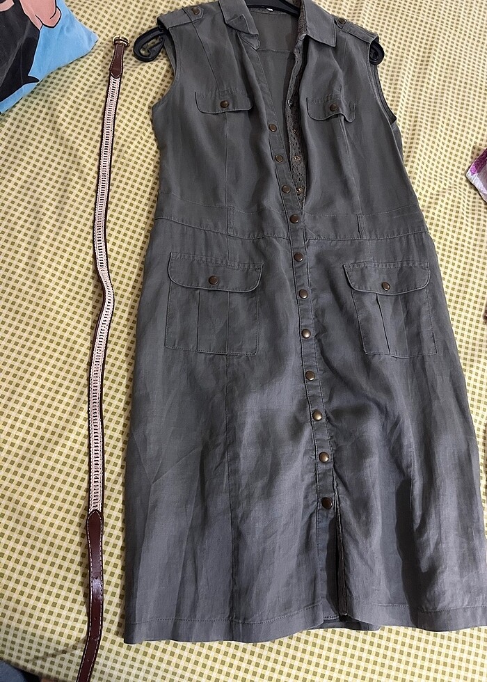 KETEN SIFIR KOL GRİ MİDİ BOY ELBİSE - Görsel 2