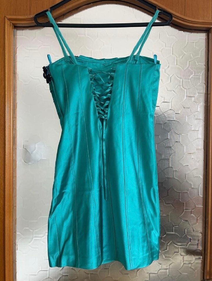 Turkuaz Drapeli Mini Abiye Elbise - Görsel 2