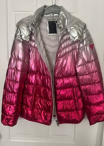 Guess Metalik Pembe Gri Kapusonlu Sisme Mont