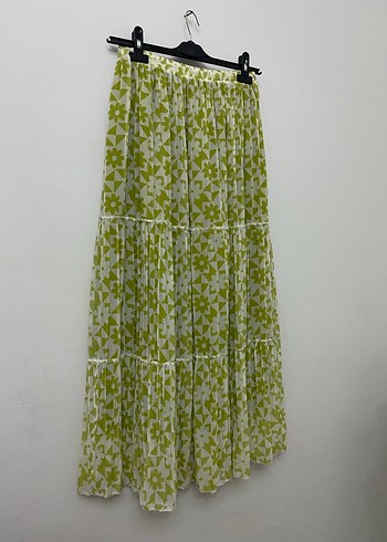 Yeşil Bağlama Desenli Pilili Uzun Etek - Görsel 2