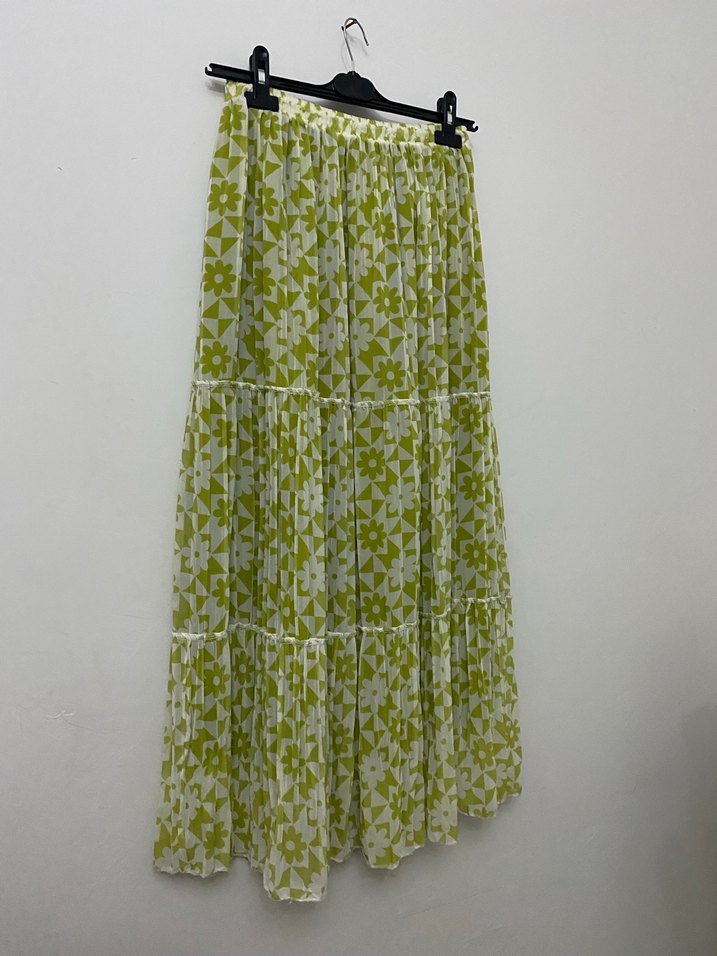 Yeşil Bağlama Desenli Pilili Uzun Etek - Görsel 2