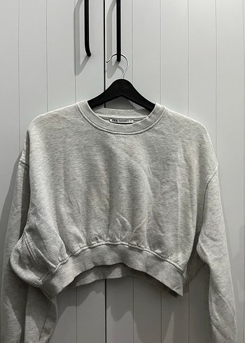 Zara Gri Melanj Bisiklet Yaka Crop Sweatshirt
