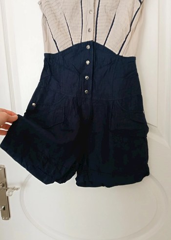 Bej-lacivert düğmeli s beden keten şort tulum - Görsel 2