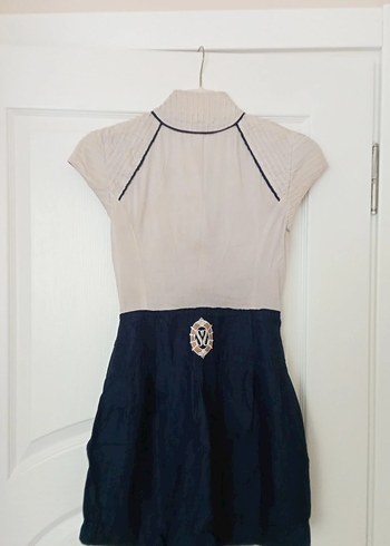 Bej-lacivert düğmeli s beden keten şort tulum - Görsel 4