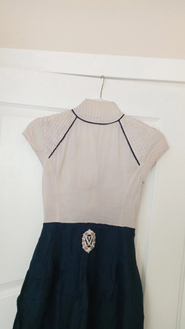 Bej-lacivert düğmeli s beden keten şort tulum - Görsel 5