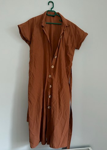 Kahverengi Kemerli Uzun Keten Elbise - Görsel 2