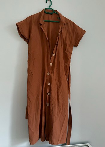 Kahverengi Kemerli Uzun Keten Elbise - Görsel 3