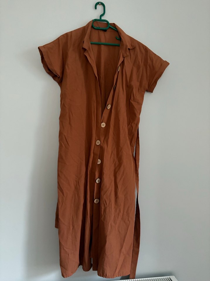 Kahverengi Kemerli Uzun Keten Elbise - Görsel 2