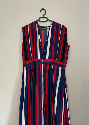 Renkli Çizgili Uzun Kolsuz Elbise - Görsel 4