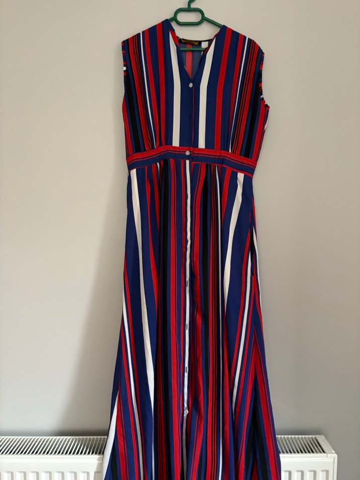 Renkli Çizgili Uzun Kolsuz Elbise - Görsel 3