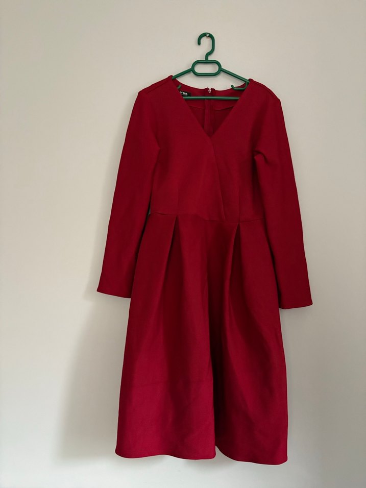 Bordo V Yakalı Midi Elbise - Görsel 2