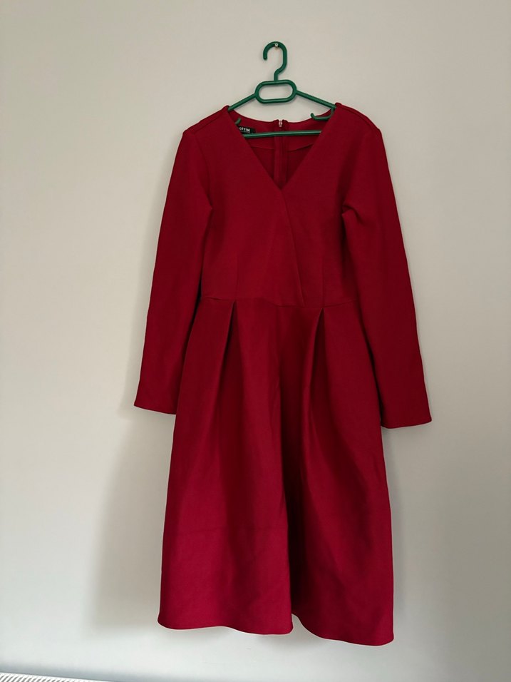 Bordo V Yakalı Midi Elbise - Görsel 3