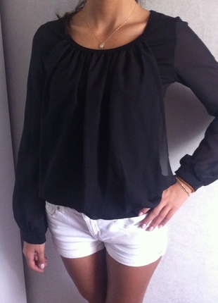 Robin Transparan Kollu Triko Bluz Siyah Robin