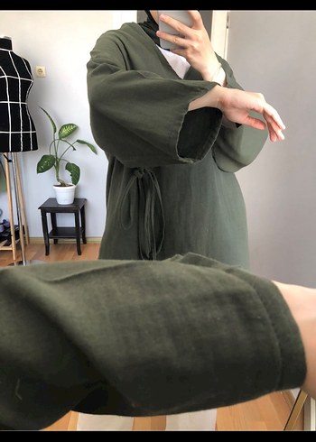 universal Beden Haki Renk Uzun Kollu Midi Kimono