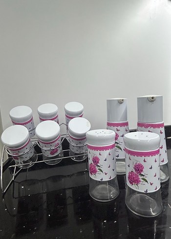 Pembe Desenli Mutfak Baharat Takımı yağdanlık ve tuzluk