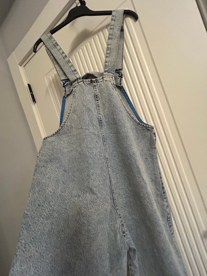 Gri Batik Desenli Kadın Denim Tulum - Görsel 5