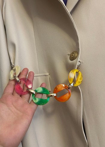 Bej Zincir Detaylı Blazer ceket ve pantolon - Görsel 2