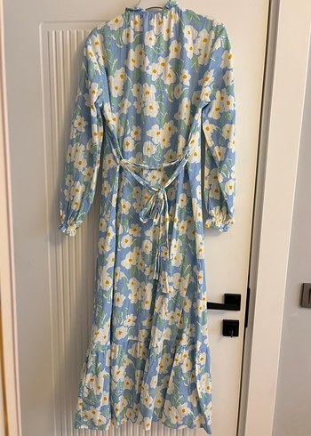 Mavi Çiçekli Uzun Keten Elbise - Görsel 3