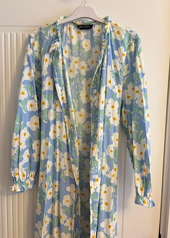 Mavi Çiçekli Uzun Keten Elbise - Görsel 2