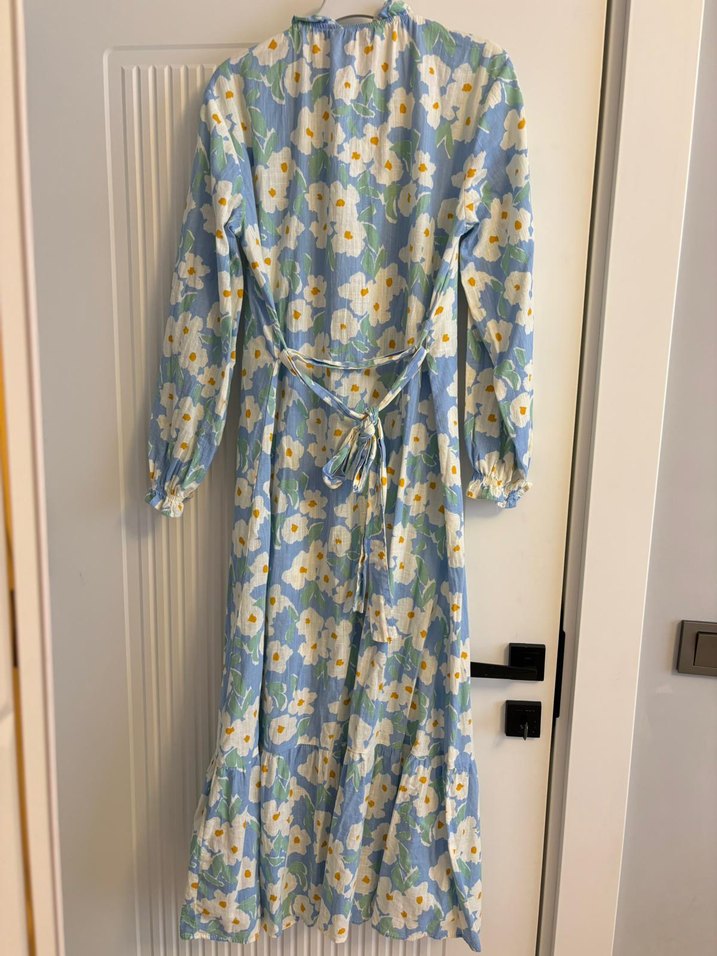 Mavi Çiçekli Uzun Keten Elbise - Görsel 3