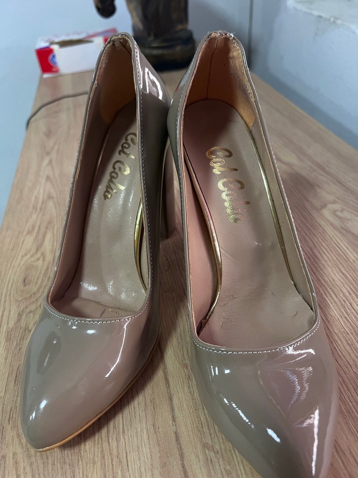 Bej Parlak Kumaş Desenli Kadın Topuklu Ayakkabı - Görsel 2