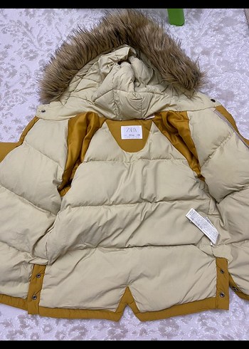 Sarı Kürklü kuş Tüyü Çocuk Mont - Görsel 5