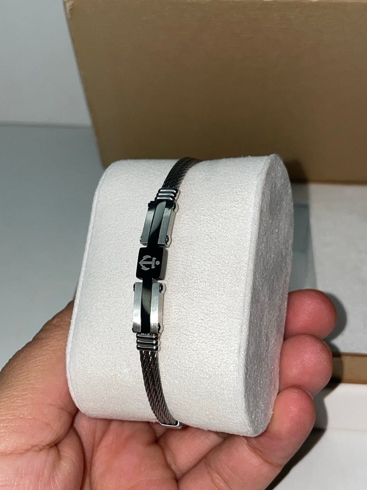 Minimalist Çapa Desenli Siyah,Gümüş renkl Erkek Çelik Bileklik - Görsel 2