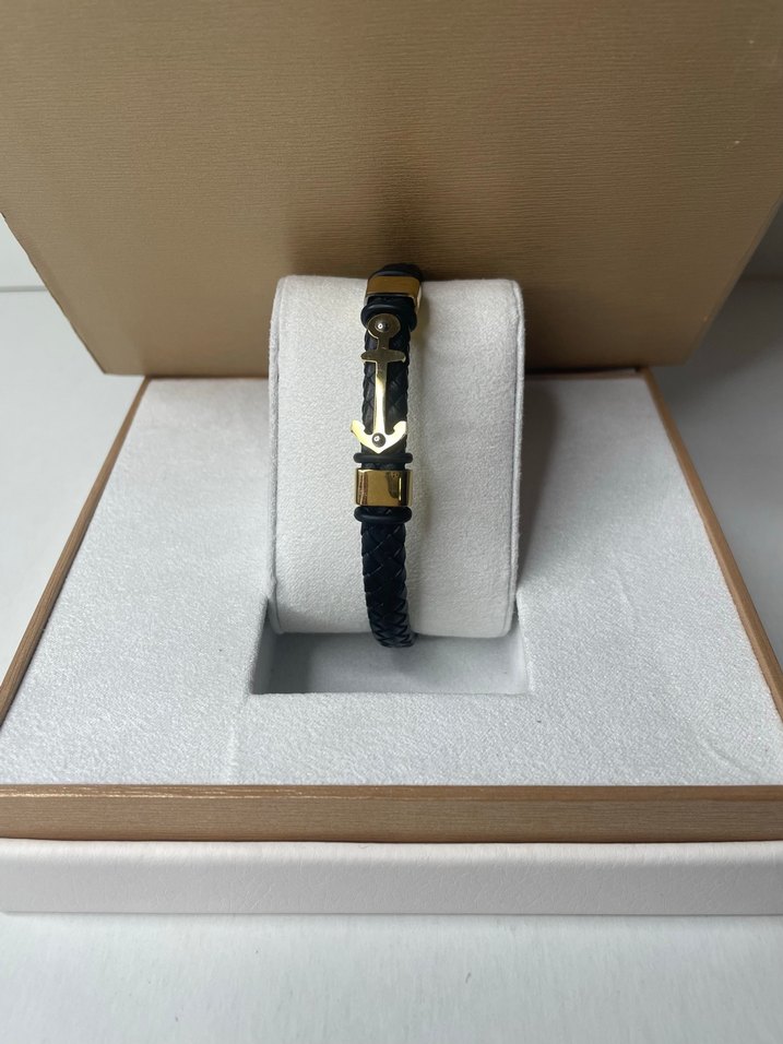 Çapa detaylı örgü kordonlu deri çelik erkek bileklik - Görsel 2