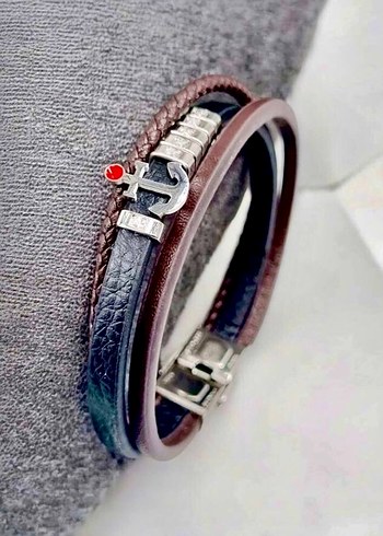 Kahverengi Çapa detaylı örgülü deri ve çelik erkek bileklik - Görsel 2