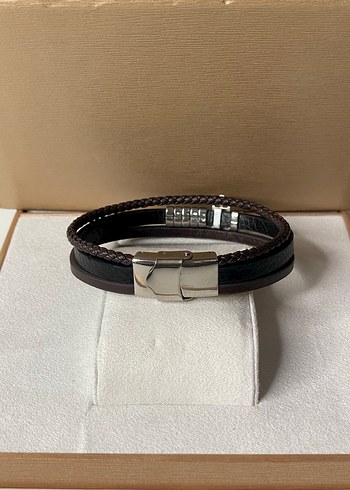 Kahverengi Çapa detaylı örgülü deri ve çelik erkek bileklik - Görsel 4