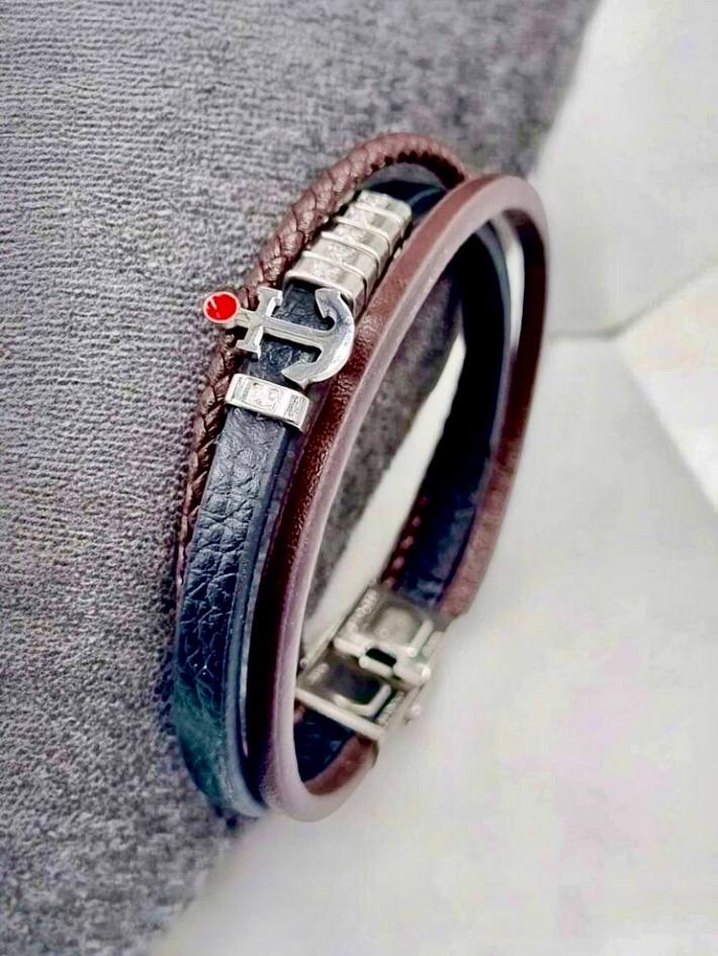 Kahverengi Çapa detaylı örgülü deri ve çelik erkek bileklik - Görsel 2