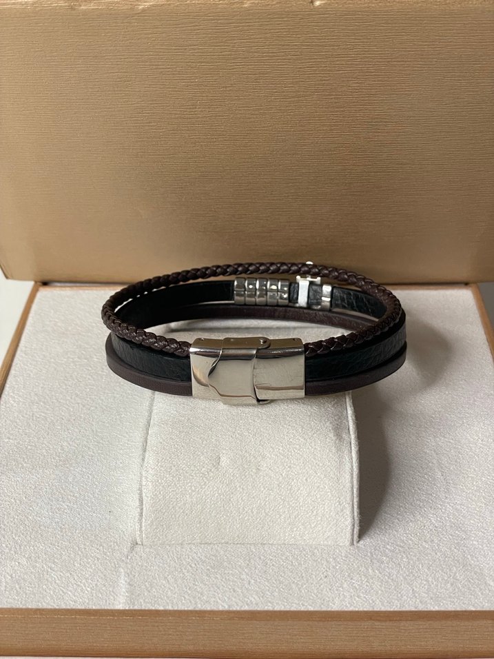 Kahverengi Çapa detaylı örgülü deri ve çelik erkek bileklik - Görsel 4