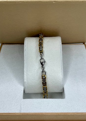 Zincir Detaylı Altın ve Gümüş Renk Çelik Erkek Bileklik - Görsel 3