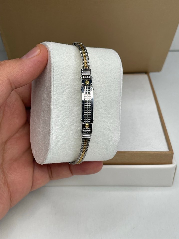 Minimalist Gümüş ve Altın renk detaylı Çelik Erkek Bileklik - Görsel 2