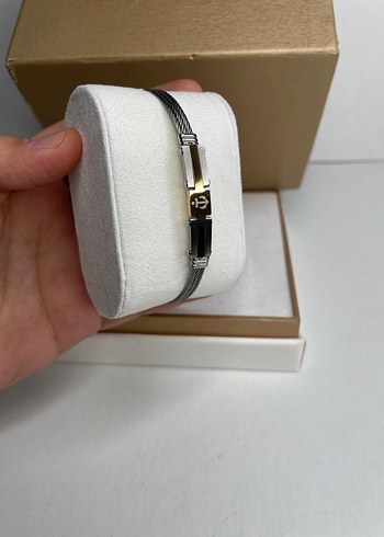 Gümüş ve Altın Detaylı Minimalist Çelik Erkek Bileklik - Görsel 2