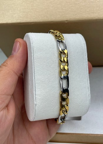 Zincir Detaylı Altın ve Gümüş Renk Erkek Çelik Bileklik - Görsel 2