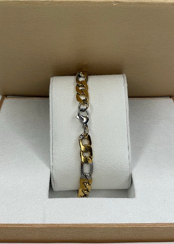 Zincir Detaylı Altın ve Gümüş Renk Erkek Çelik Bileklik - Görsel 3