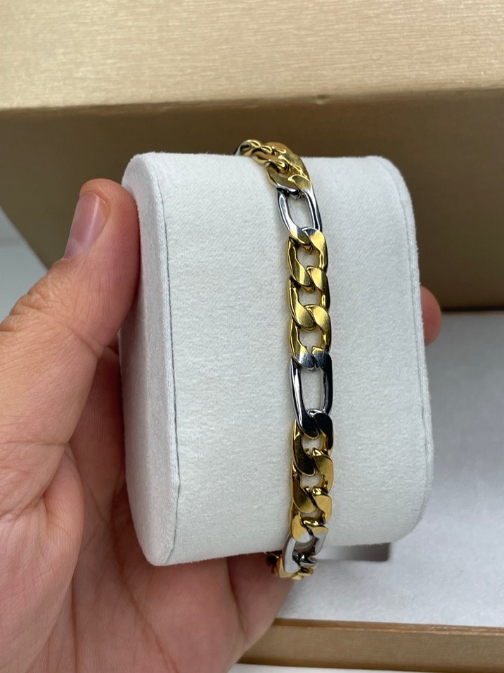 Zincir Detaylı Altın ve Gümüş Renk Erkek Çelik Bileklik - Görsel 2