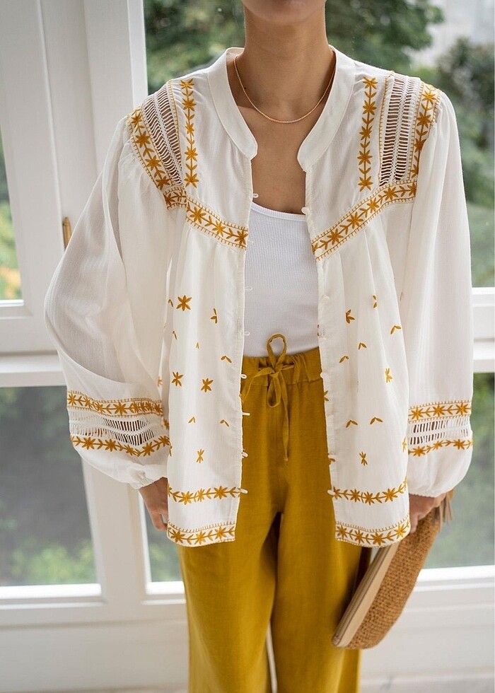 Beyaz pamuklu nakışlı bluz gömlek - Görsel 3