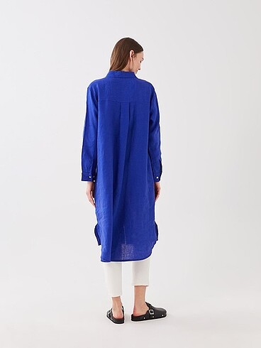 Keten mavi gömlek elbise - Görsel 5